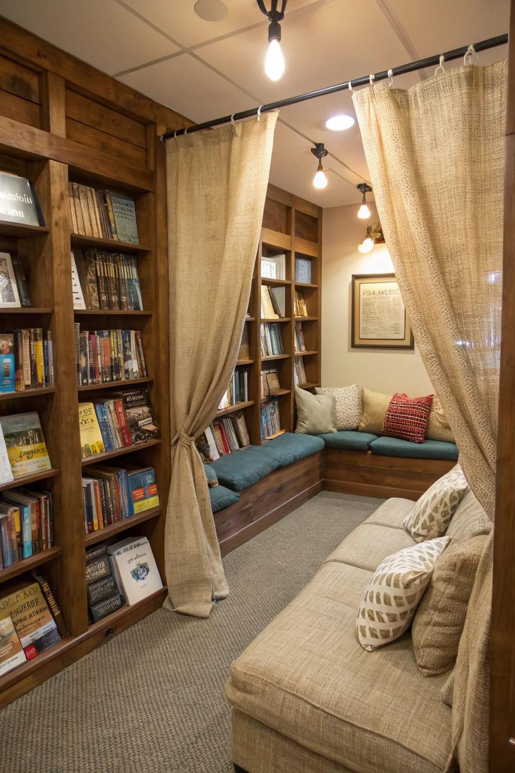 Comfortable appeal through material window coverings in a perusing nook.