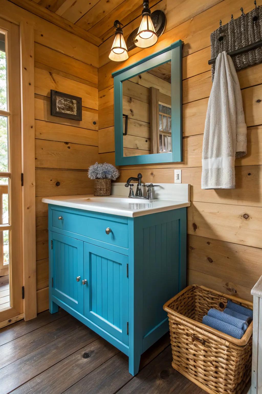 Vivid hues inject playfulness into a cabin bathroom.