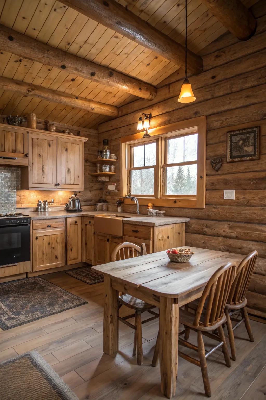 Earthy tones complement the organic materials in a cabin cooking space.