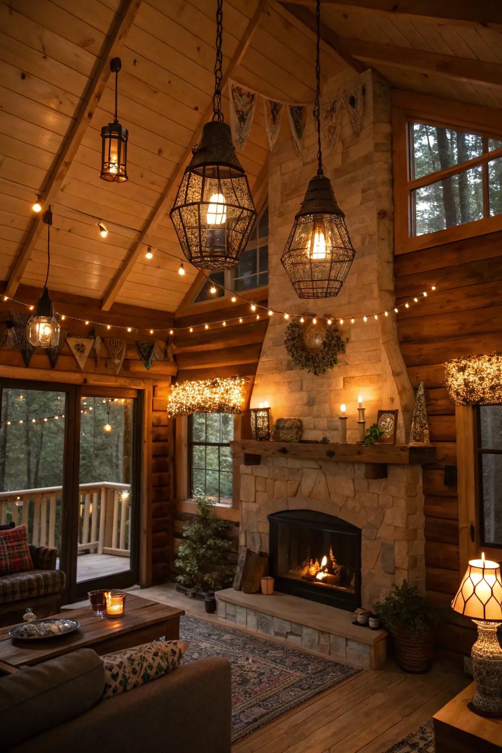 Diverse illumination pieces light up this cabin stylishly.