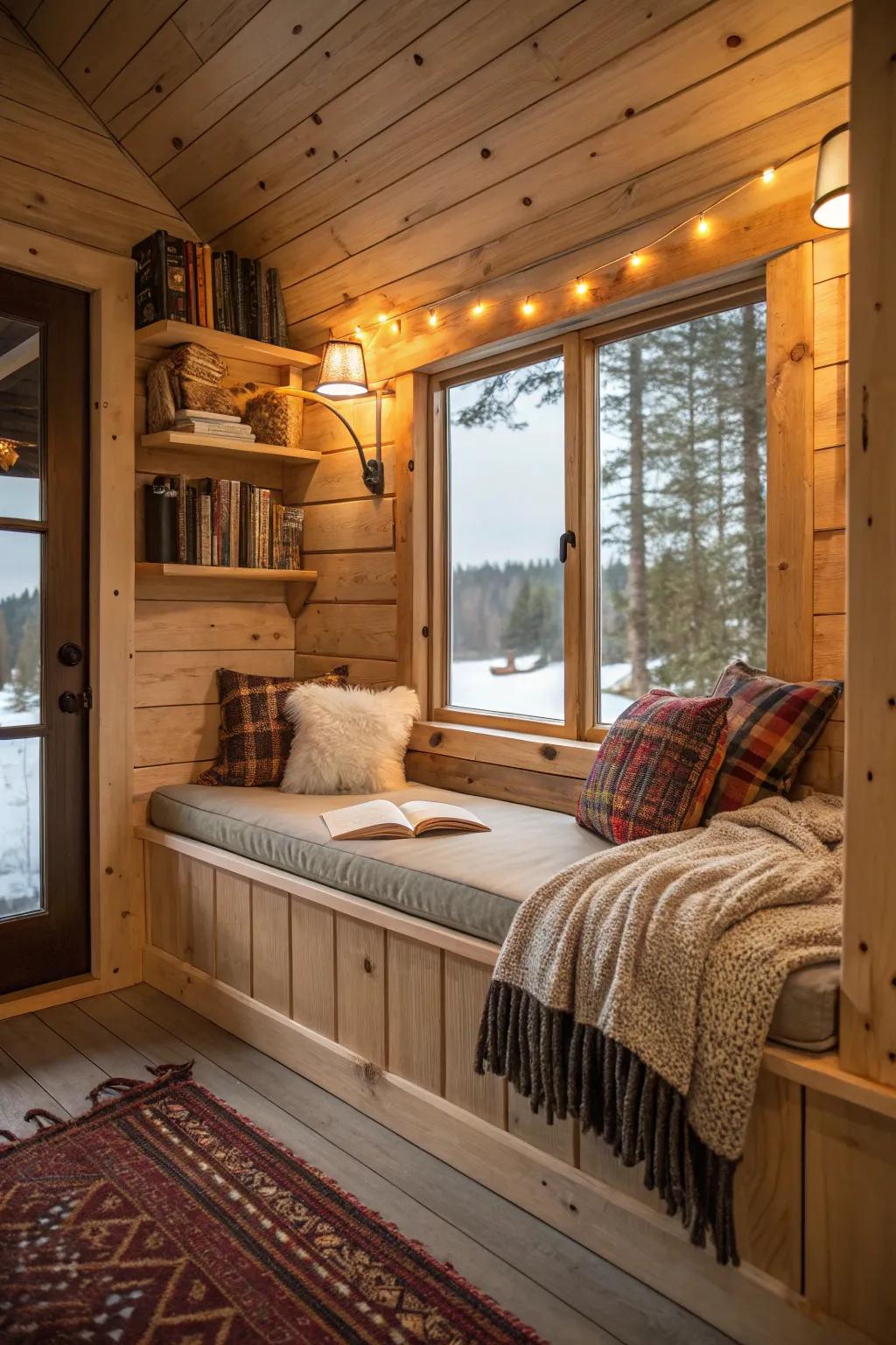 A comfortable reading nook built into the cabin wall.