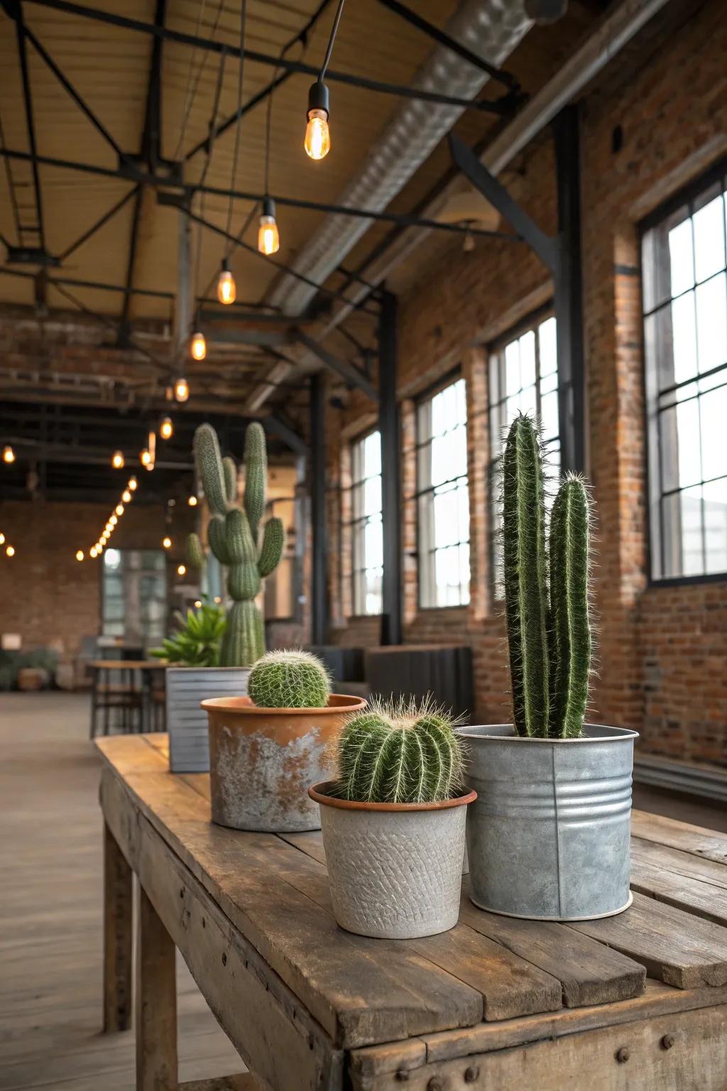 Repurposed metallic vessels add an industrial flair to your cactus display.