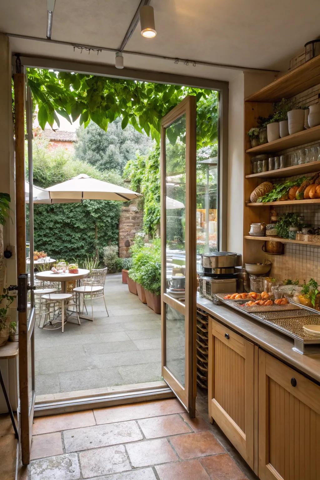 A cafe kitchen faultlessly merging indoor and outdoor environments.