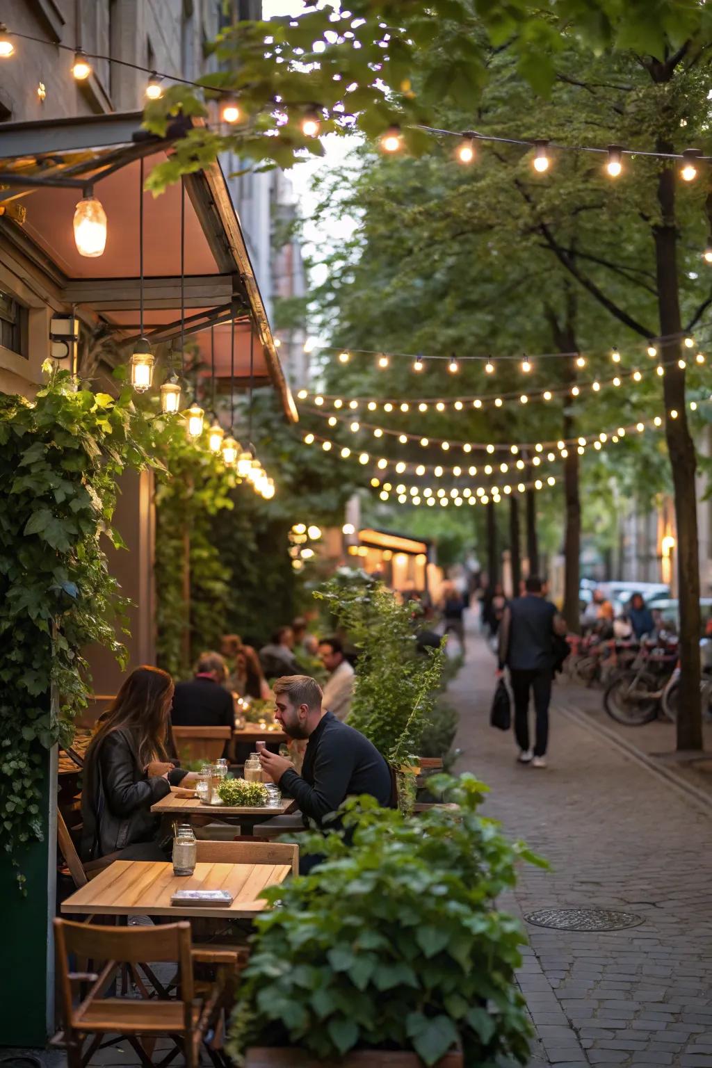 A magical al fresco cafe space exquisitely lit up with festoon lights.