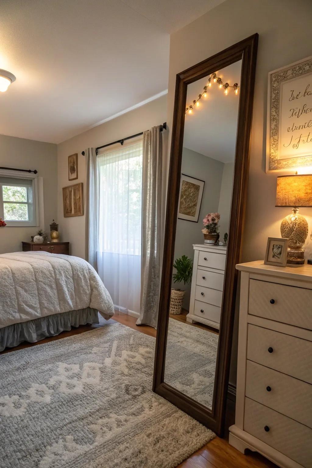 Bedroom featuring a large full-length mirror reflecting natural light.