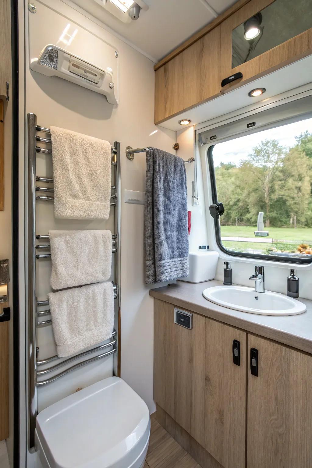 Stylish towel racks in a mobile home washroom.