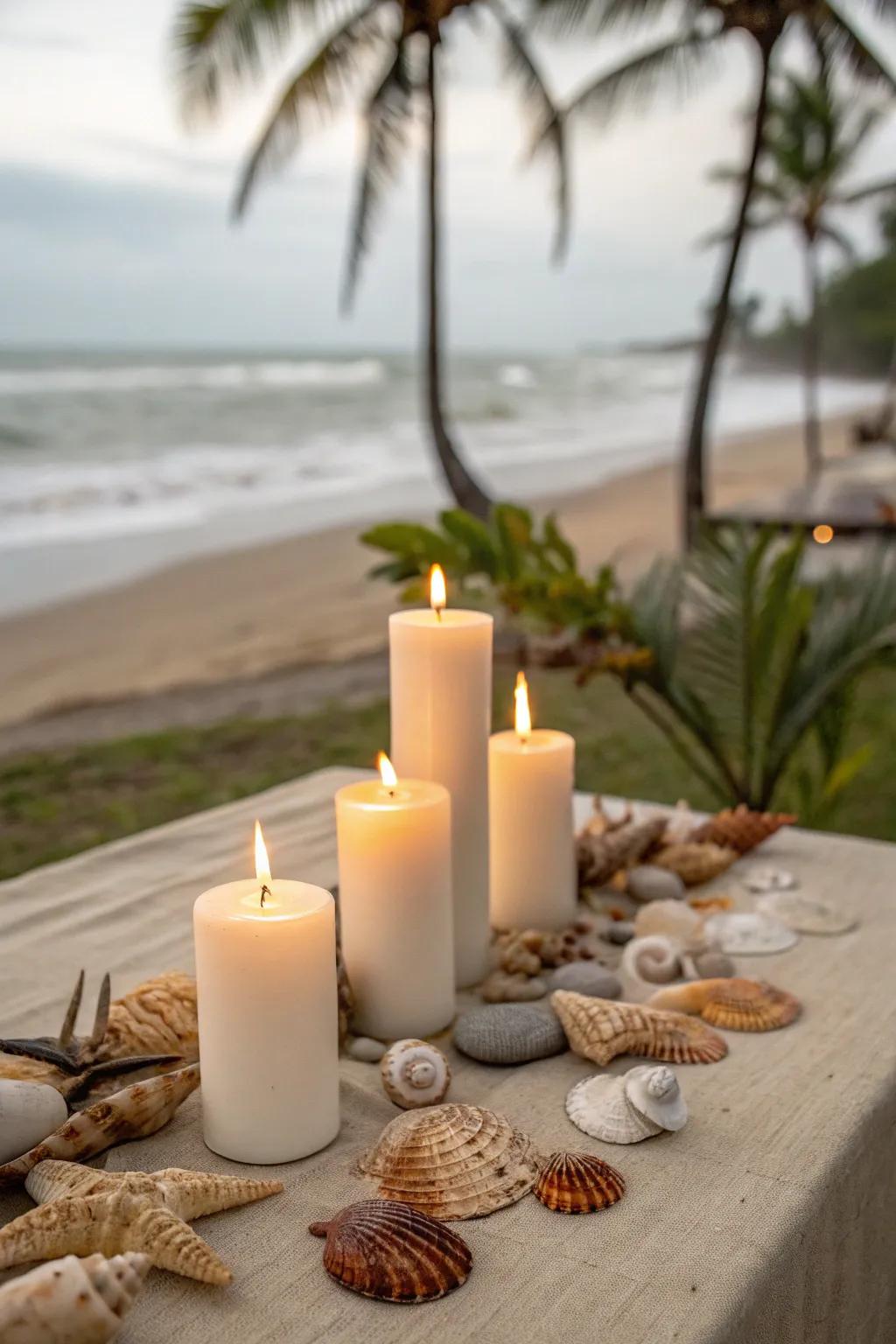 Seaside-inspired candle exhibit with seashells.