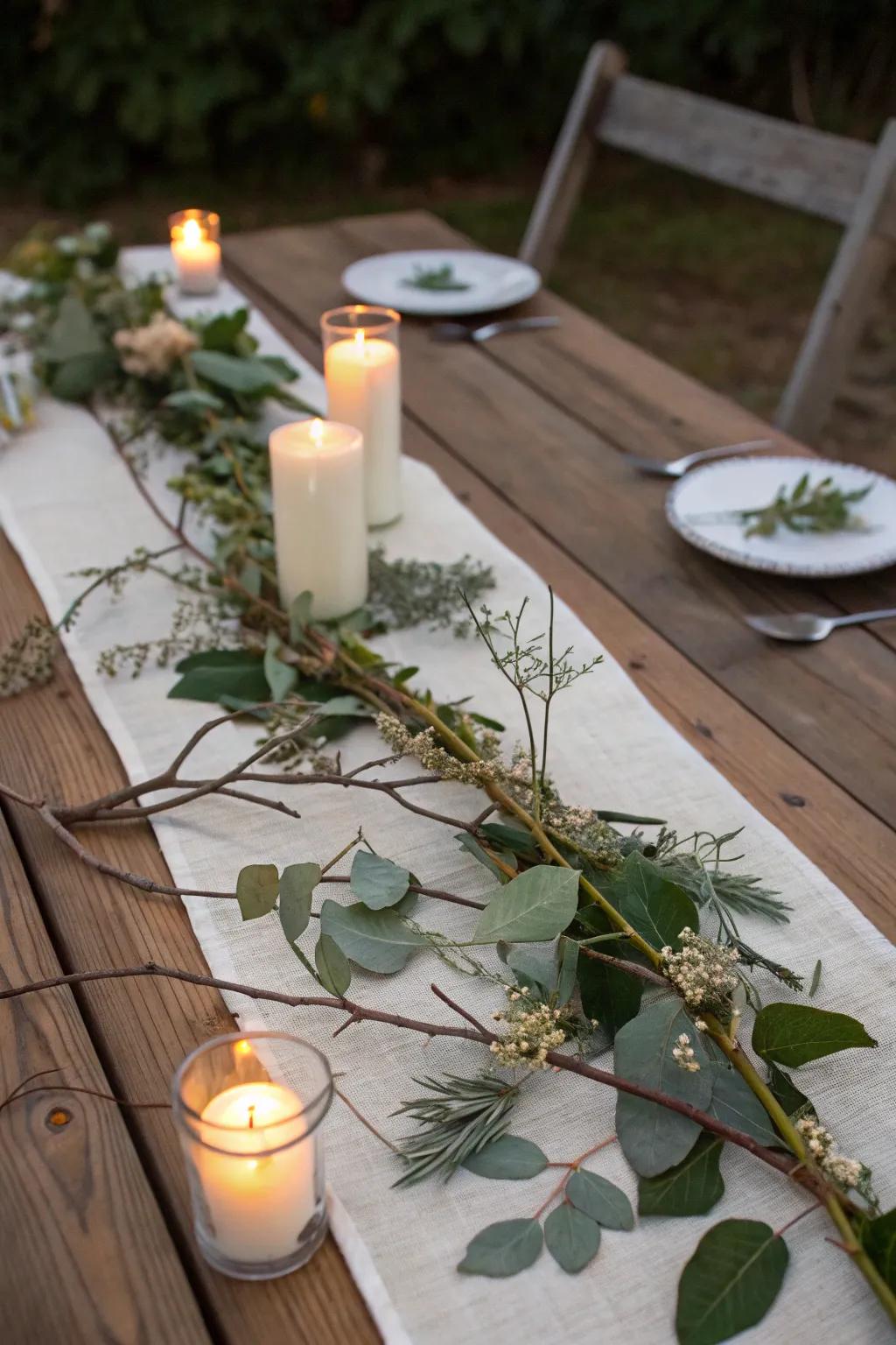 A rustic table runner enhanced with natural aspects and candle lights.