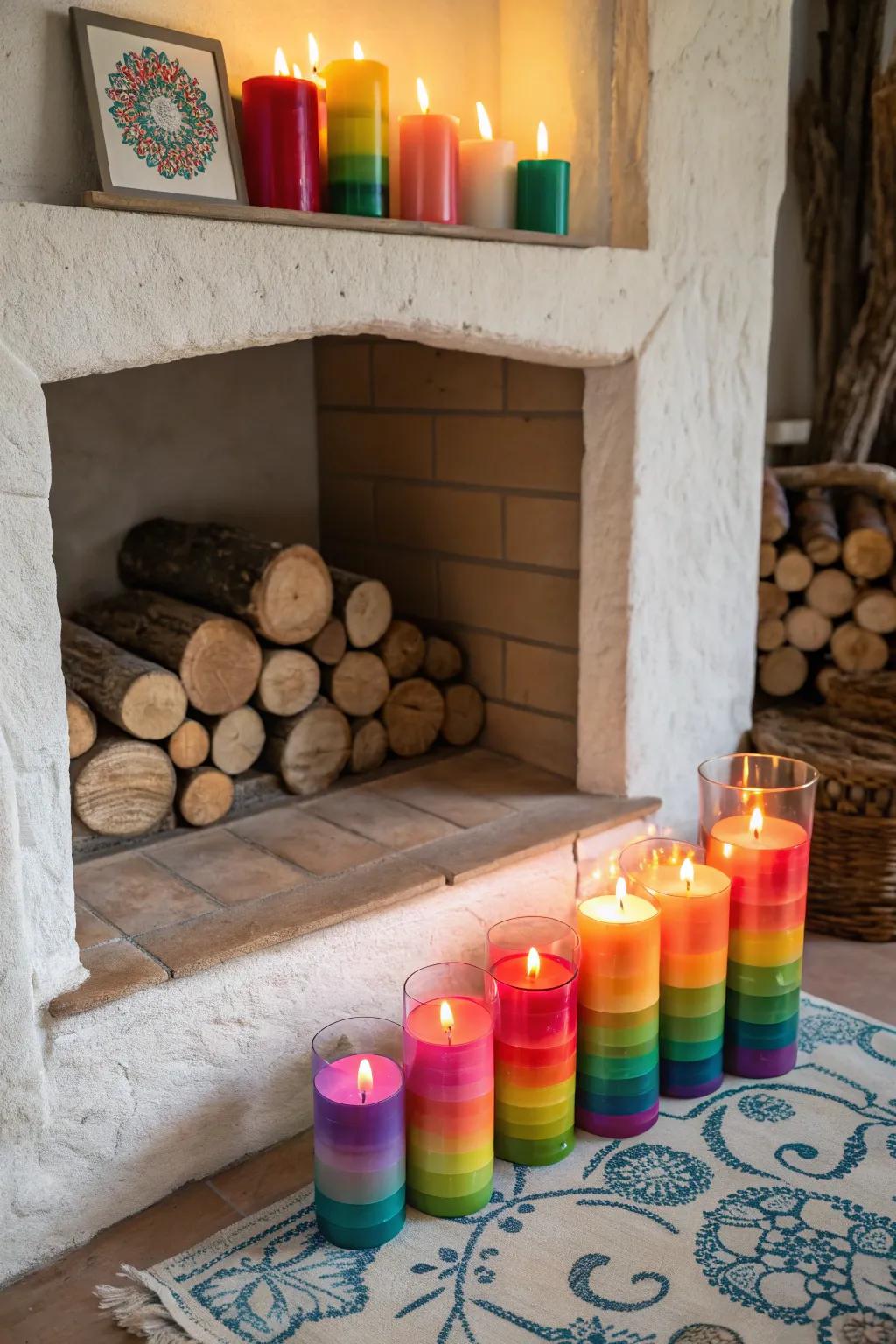 Vibrant lights brighten up the fireplace with playful flair.