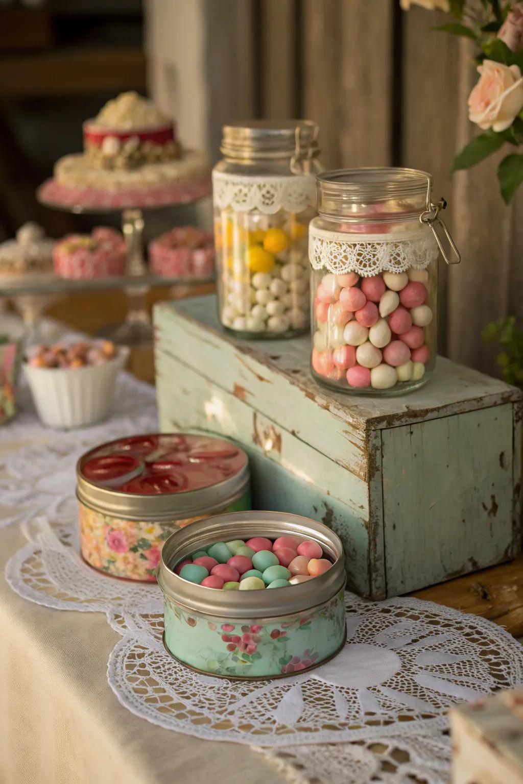 Repurposed receptacles injecting charm into a sweets display.