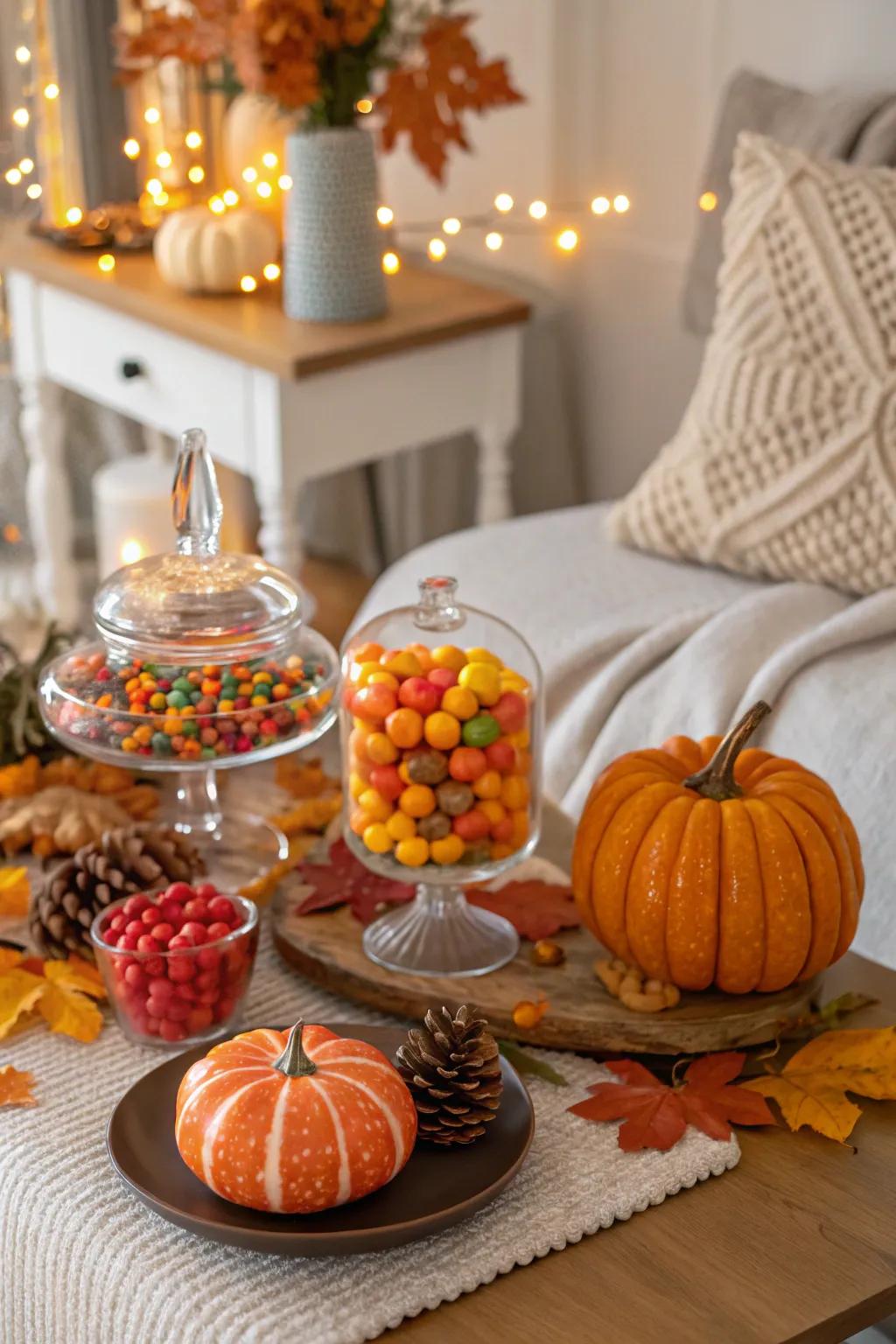 A seasonal autumn-themed candy station with decorative elements