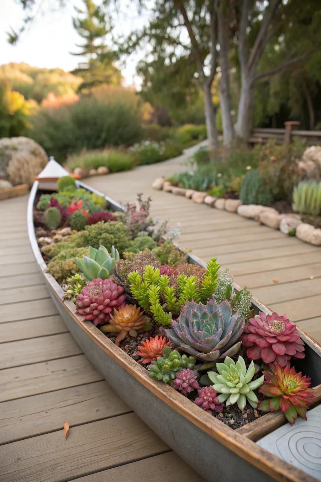 Fleshy plants create an easy-care, visually striking watercraft planter.