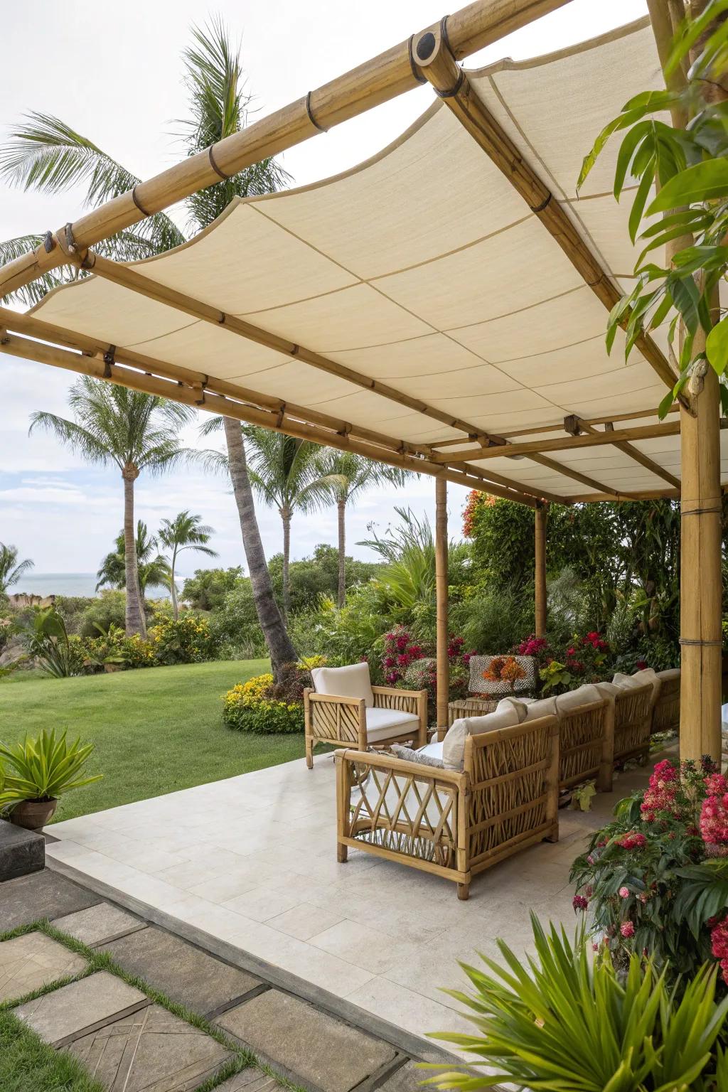 Bamboo accents bring a touch of the tropics to fabric roofs.