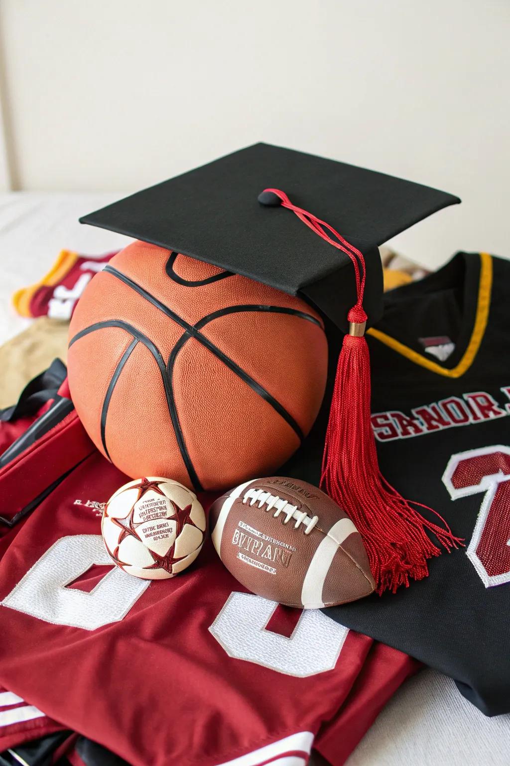 A graduation cap with a sporty theme for the athletic graduate.