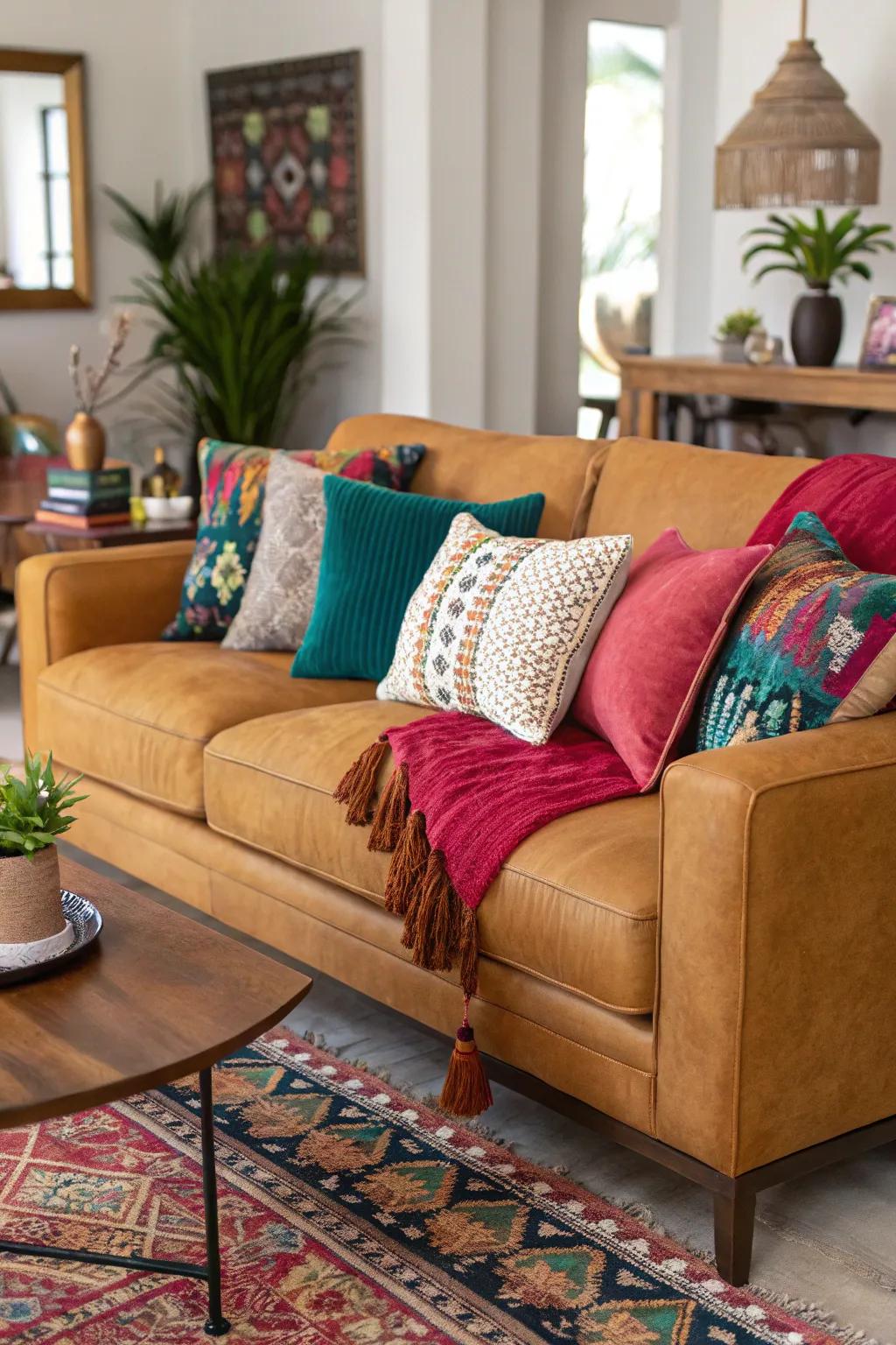 Jewel hues add vibrant contrast to a butterscotch sofa.