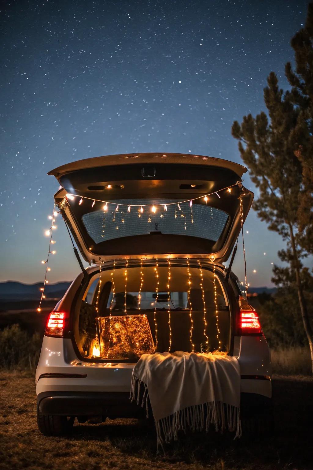 A trunk sparkling with string lights, ideal for evening carnival festivities.