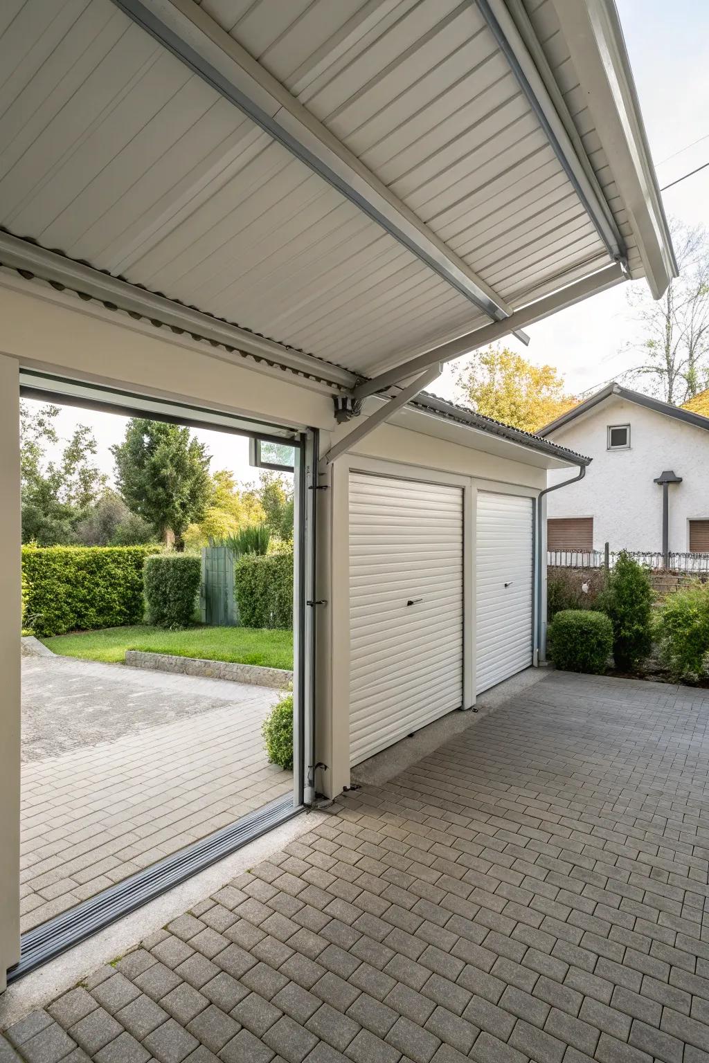A sheltered carport with rolling doors that offers weather protection and security.