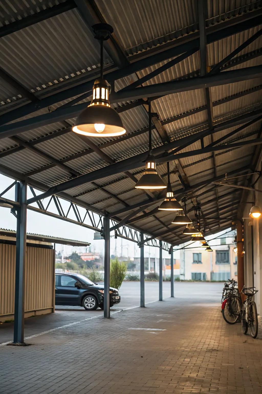 Metal fixtures inject an industrial chic into your carport.