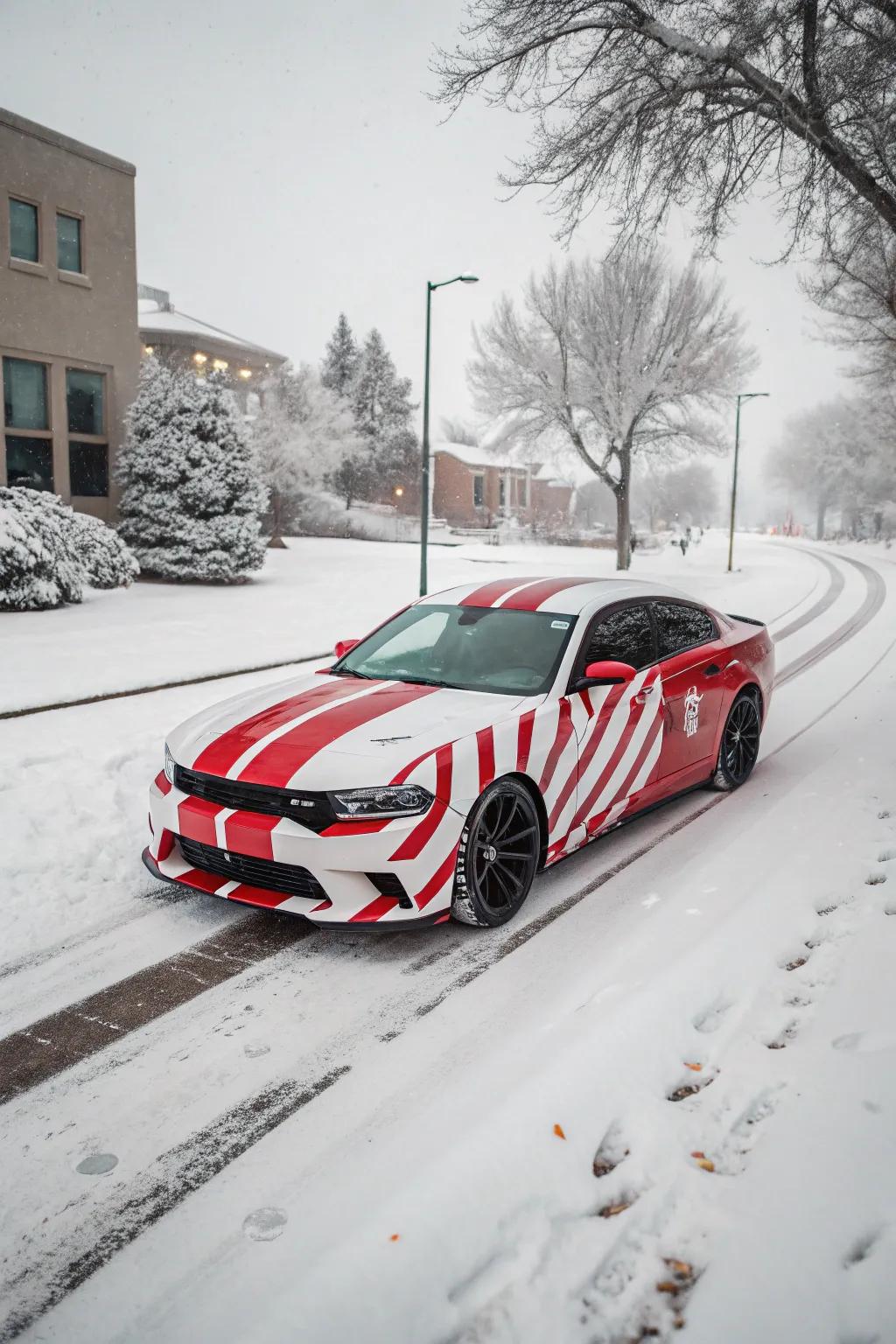 A car dressed in candy cane stripes, delivering sweet holiday sensations.