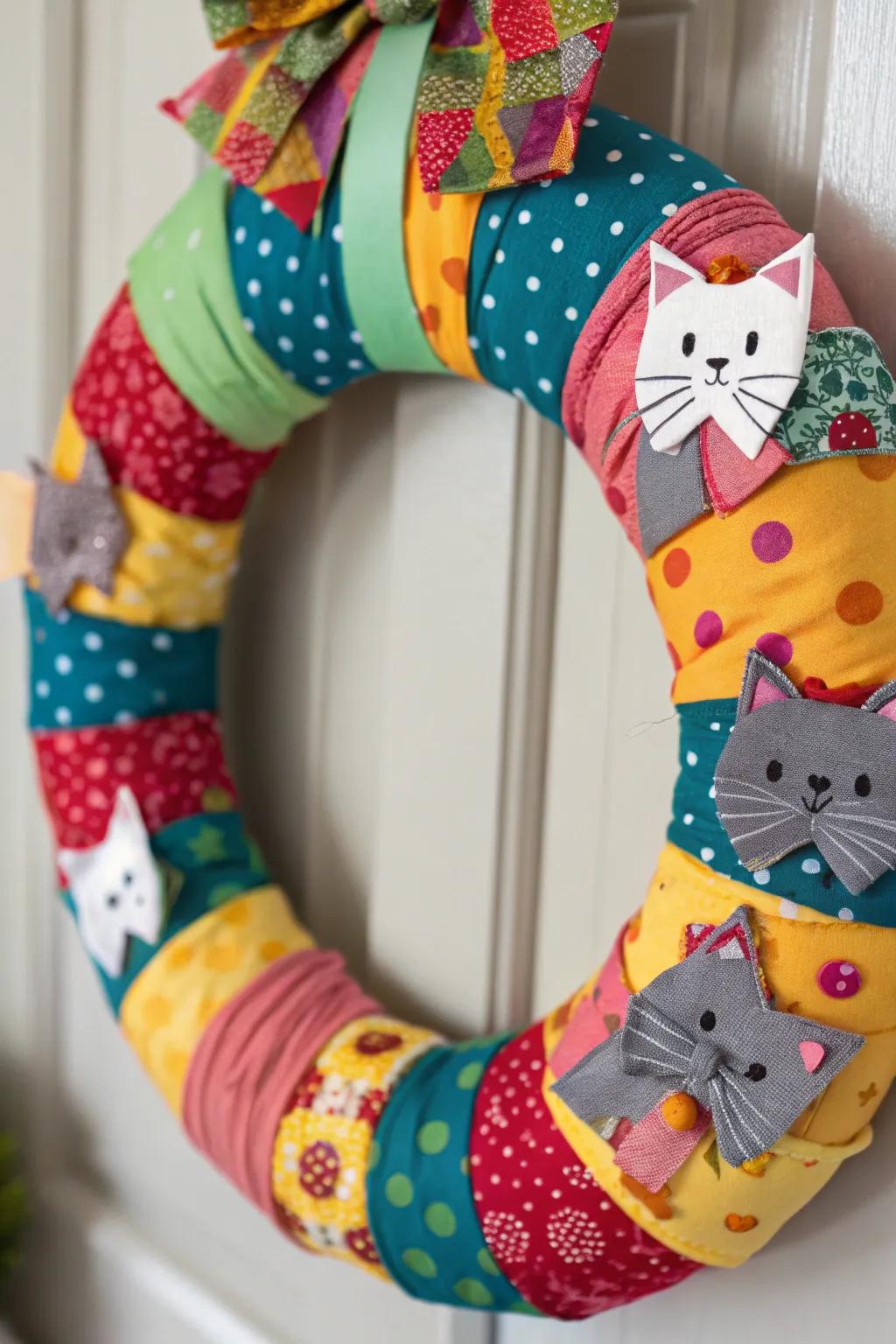 An eclectic textile feline decorative loop for a distinctive twist.