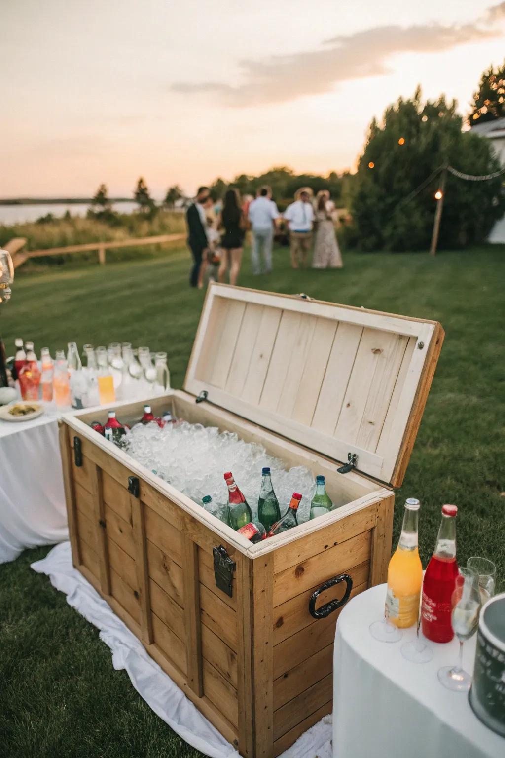 A blanket chest ingeniously transformed into a drink cooler for gatherings.