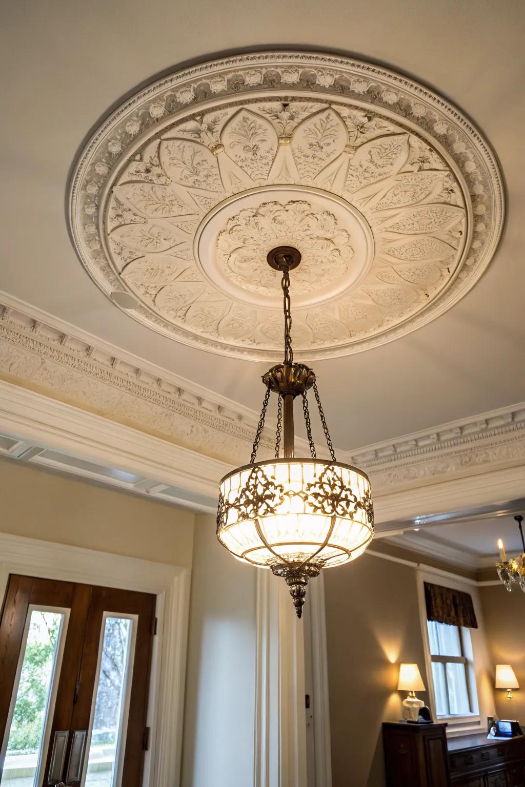 A space where a ceiling rosette amplifies the charm surrounding the lamp installation.