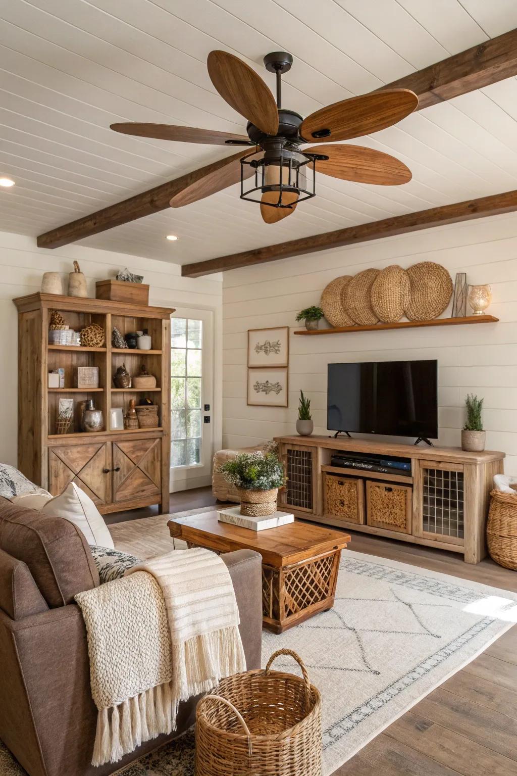 Bring the farmhouse feel indoors with a timber-blade fan.
