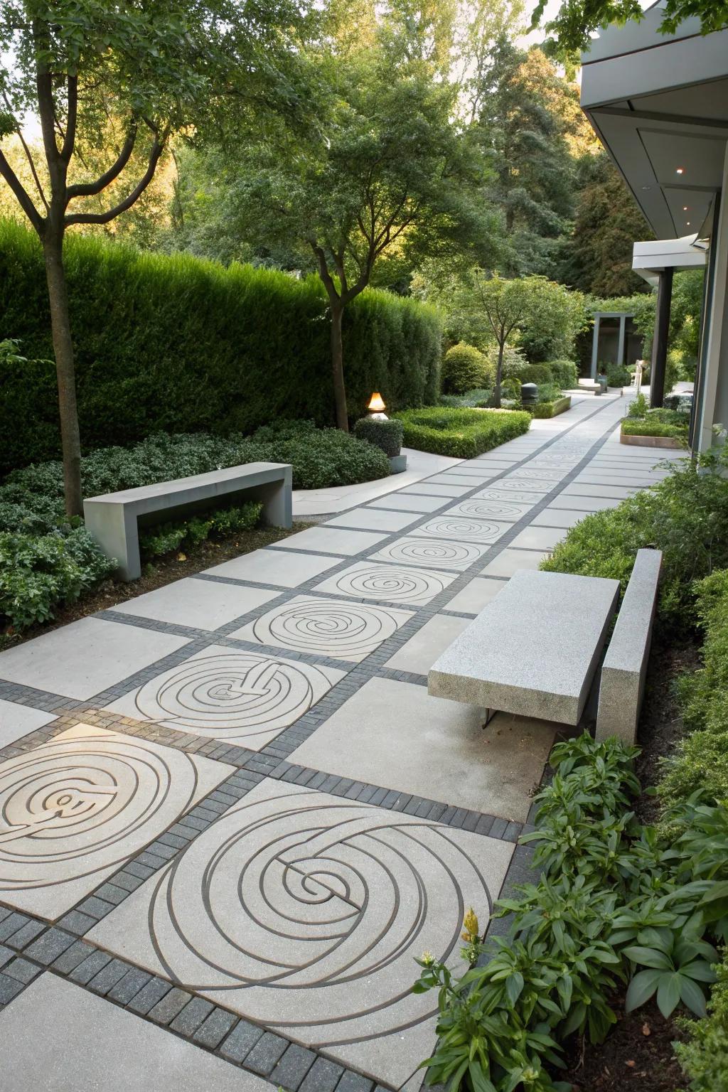 Intricate saw-cut patterns in concrete for an artistic walkway.