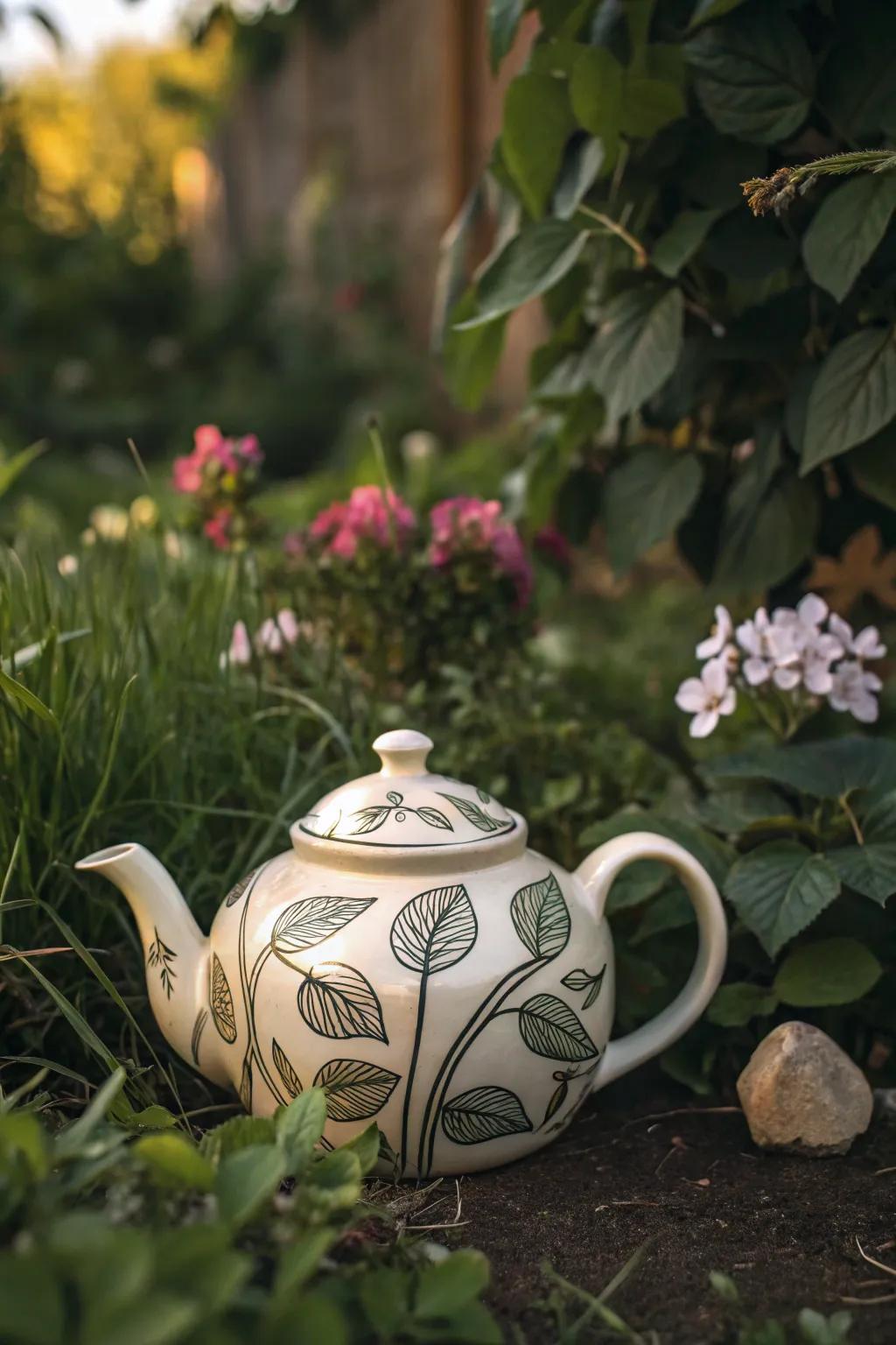 Natural elements carry the outdoors inside through this teapot.