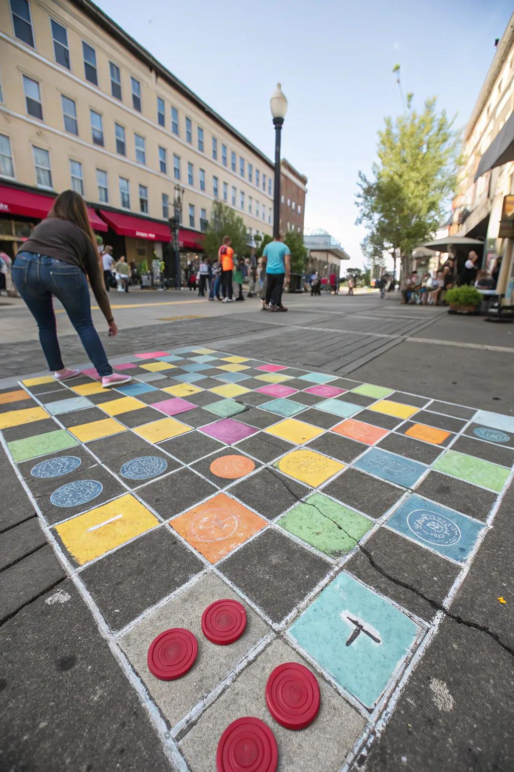 A lively chalk-drawn checkers board ready for open-air fun.