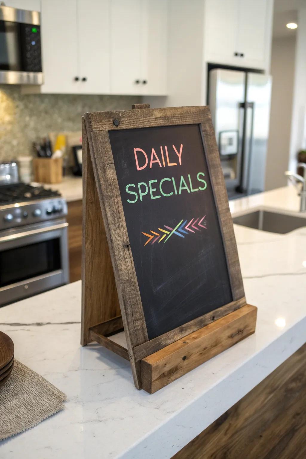 Daily specials stand out in vibrant colors on this modern kitchen's chalkboard menu.