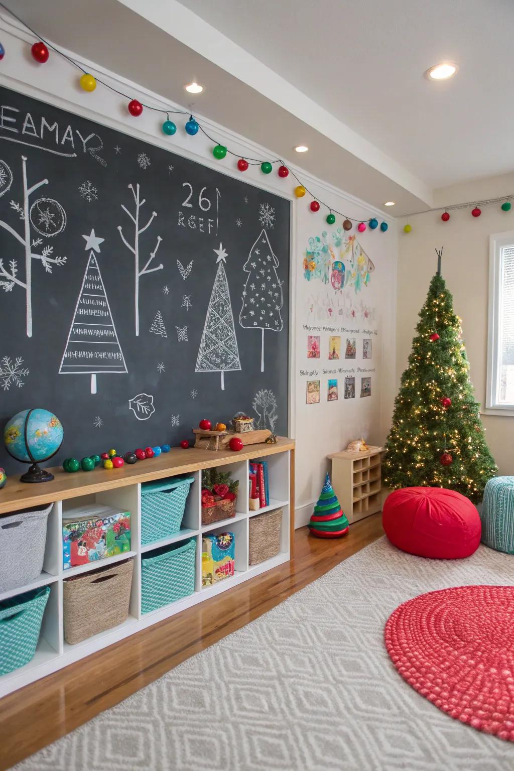Seasonal chalkboard decor brings festive charm.