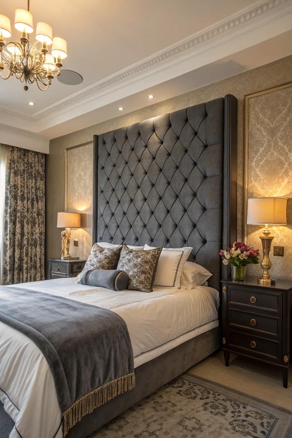 A floor-to-ceiling headboard lends spectacle and refinement to the bedroom.