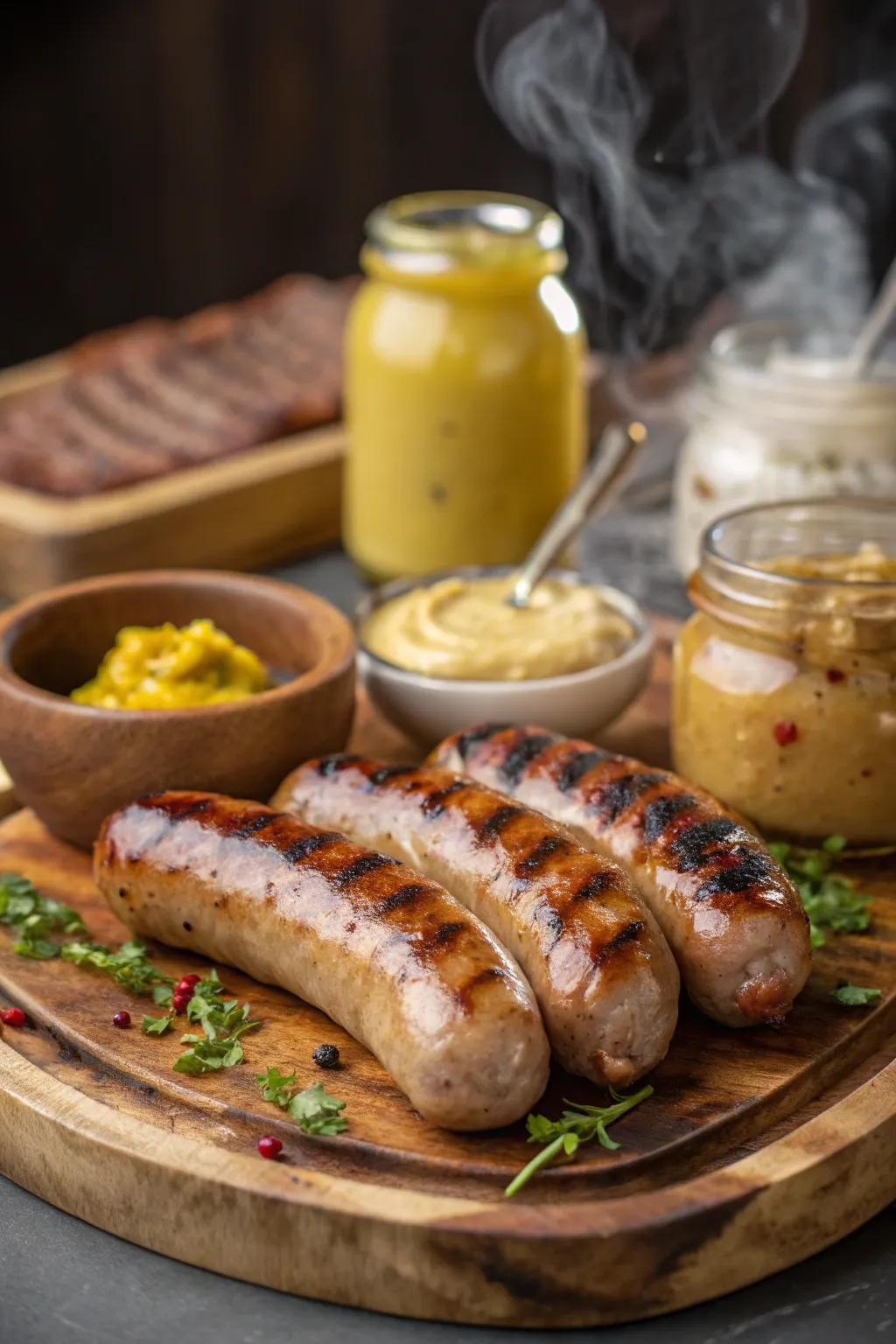 Enjoy simple yet delicious grilled sausages with tasty accompaniments.