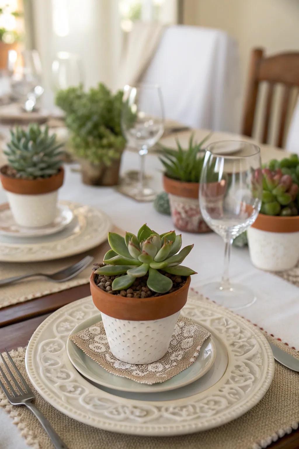 Potted plants as a revitalizing and sustainable centerpiece option.