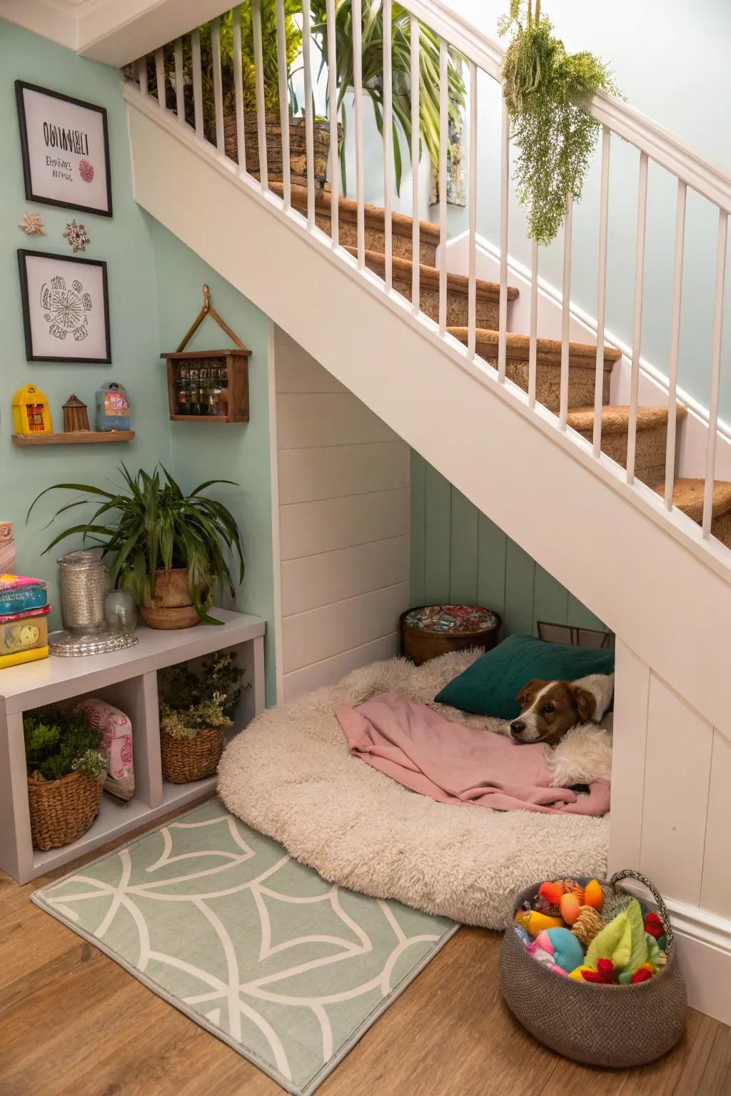 Use the space under the stairs for a unique kennel nook.