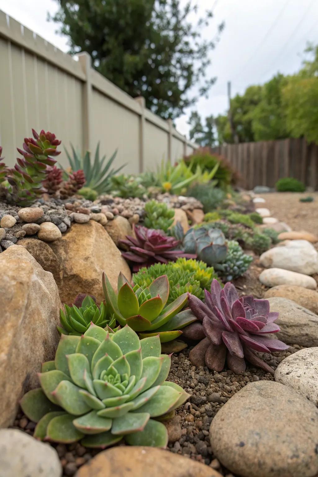 Fleshy flora and rocks present a low-upkeep, artistic landscape resolution.