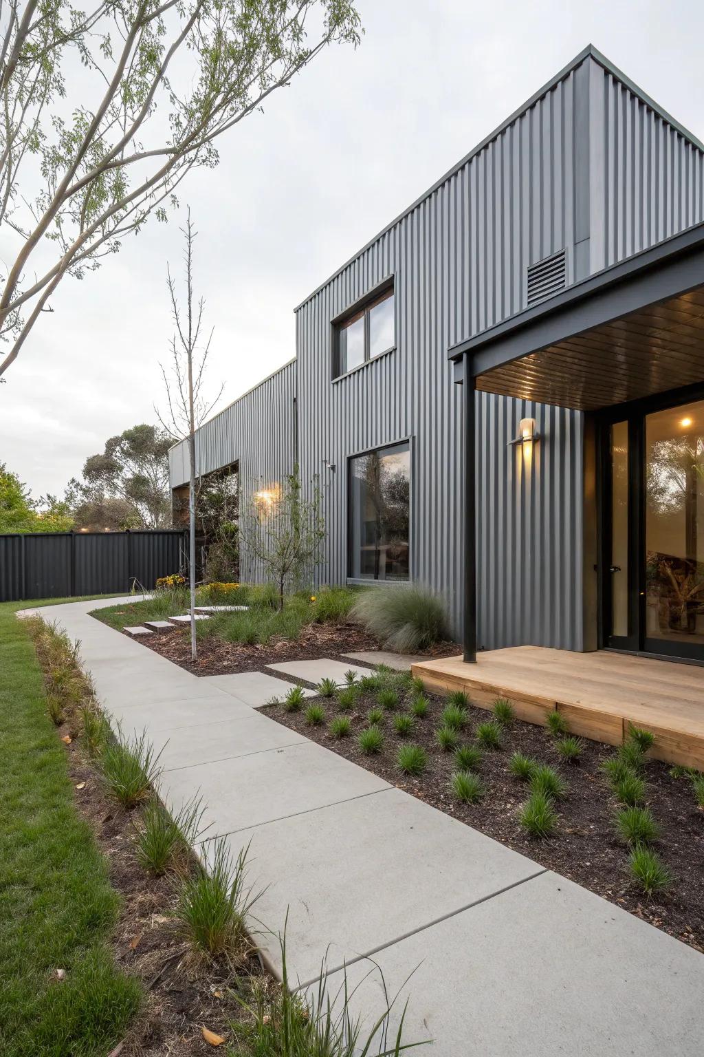 Corrugated metal siding creates a bold, industrial aesthetic.
