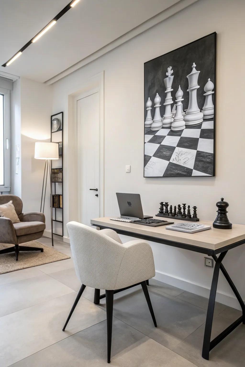 Monochromatic chess artwork delivers a sleek, up-to-date element.