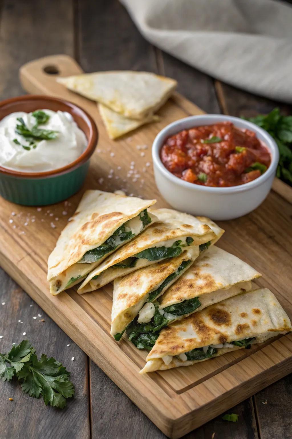 Spinach and chicken quesadillas, straightforward and satisfying.
