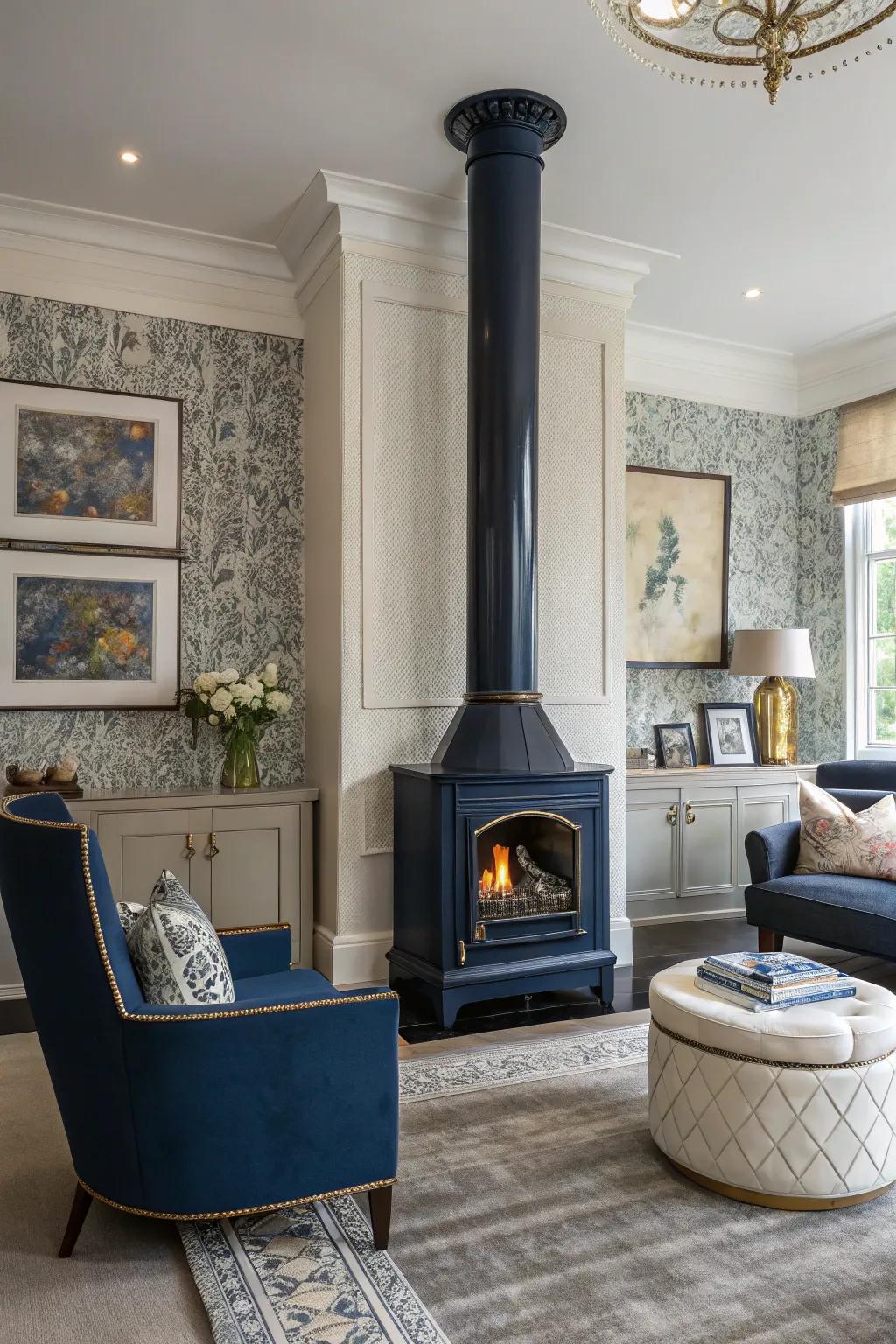Deep sapphire introduces sophistication and depth, creating a striking impression in this area.