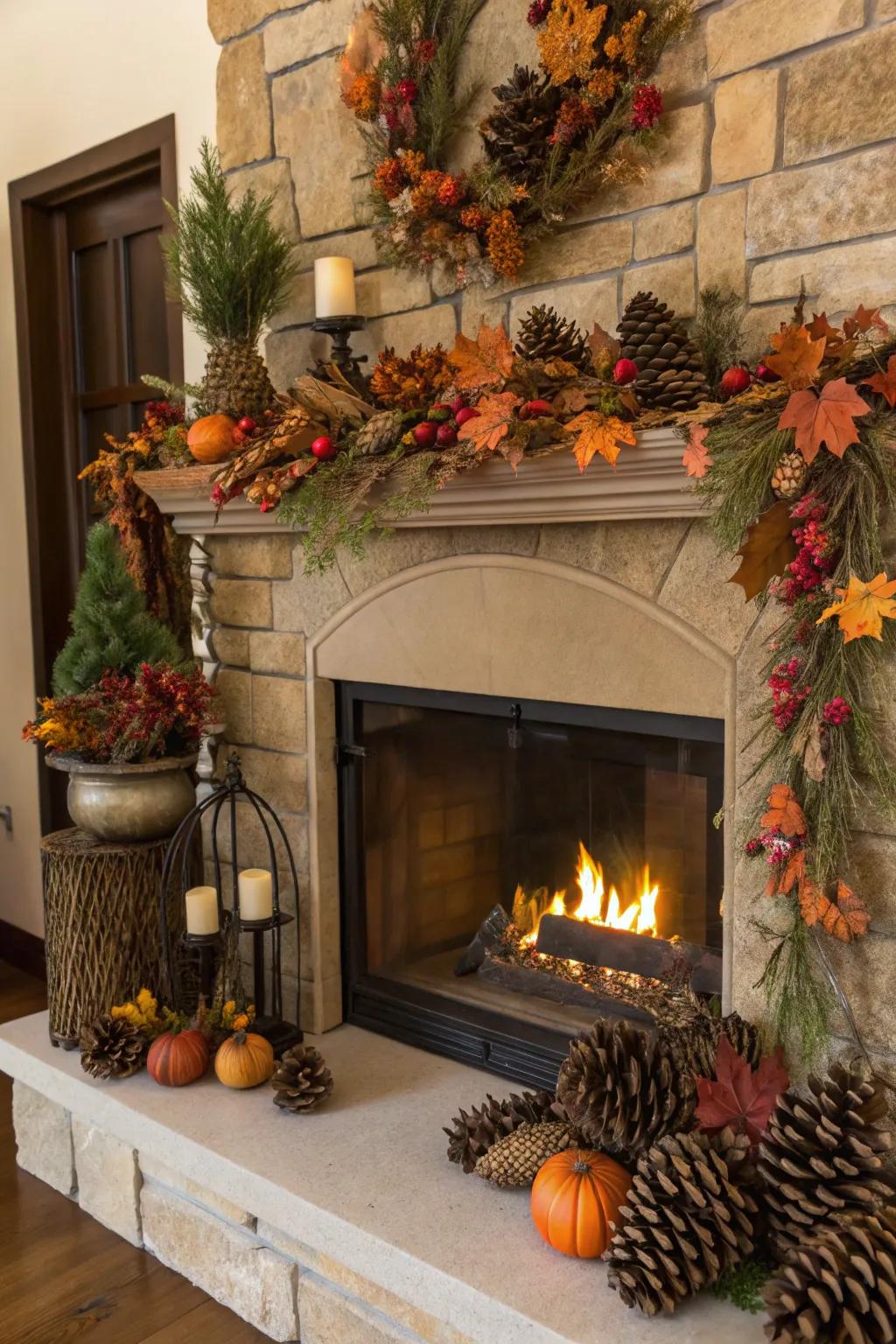 Festive decor around the hearth.