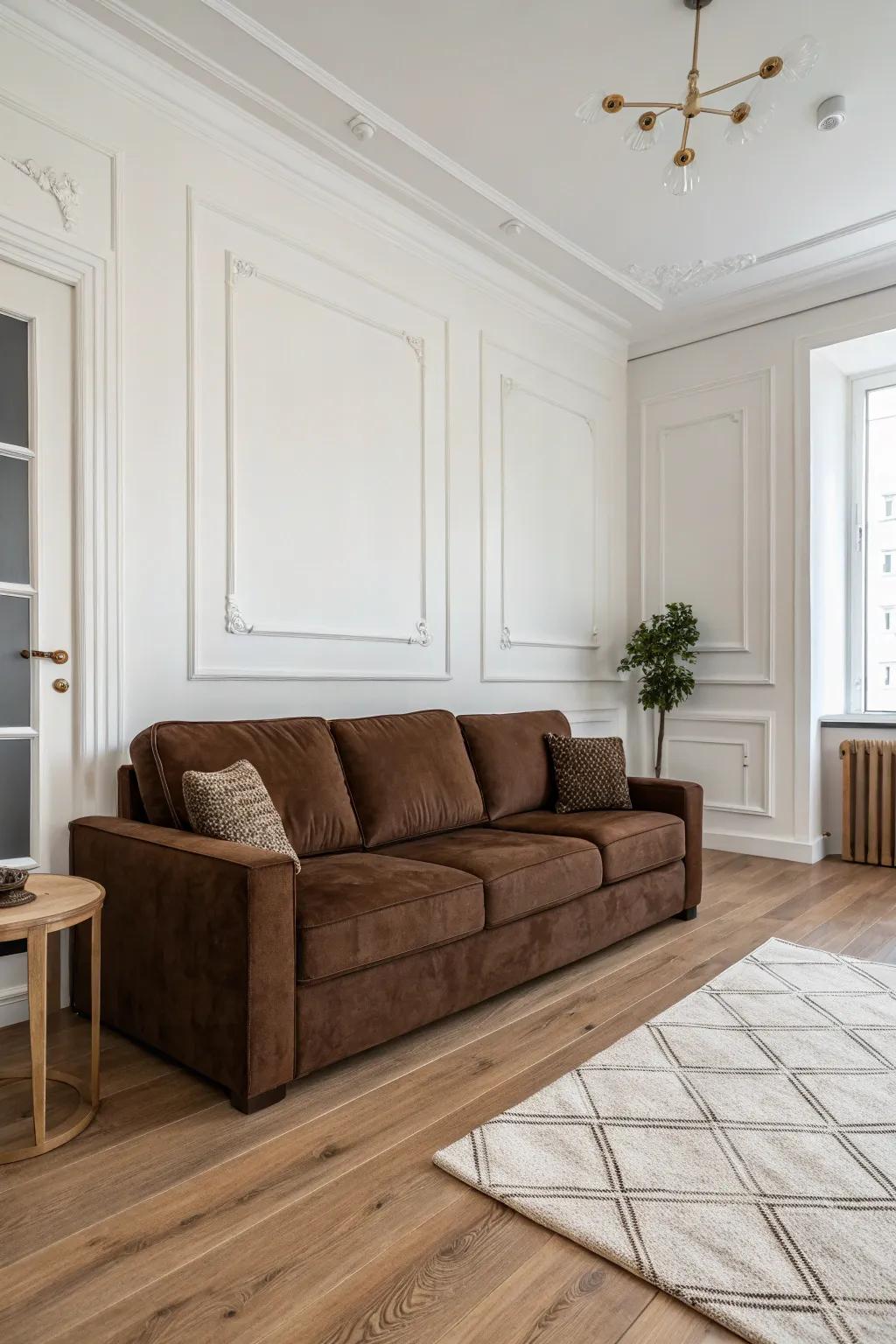 Scandinavian minimalism meets the dark elegance of a cocoa sofa.