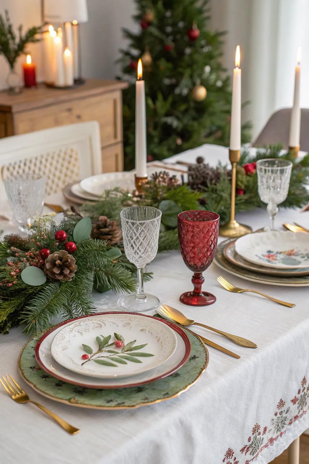 Combine dinnerware for an eclectic style.