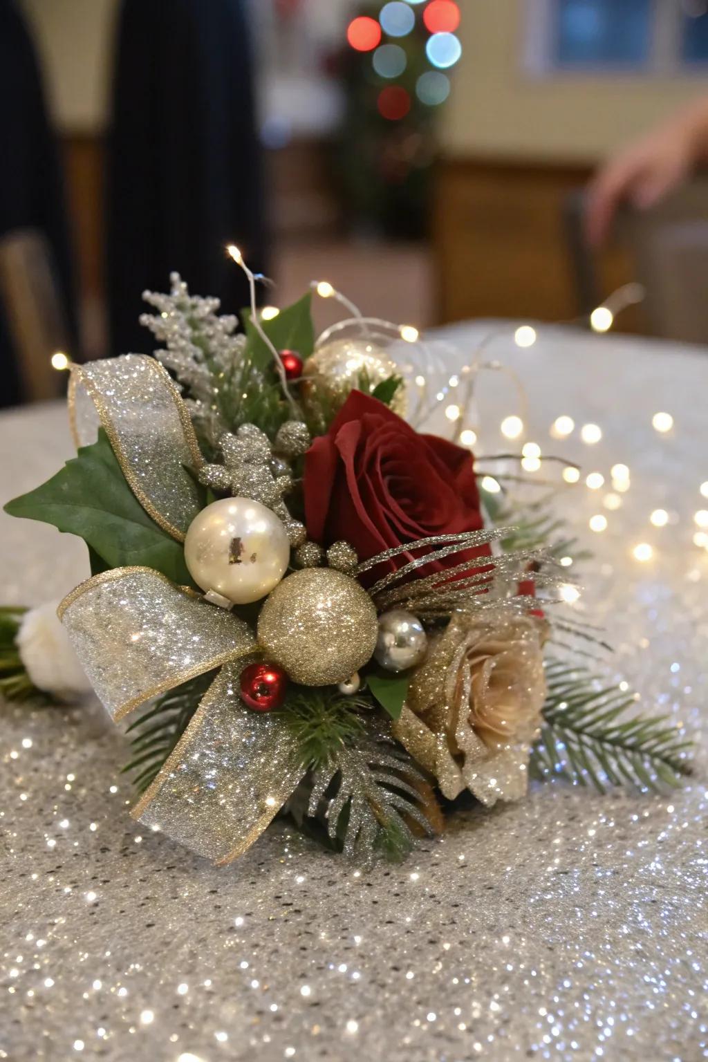 A glamorous holiday adornment accented with shimmering details.