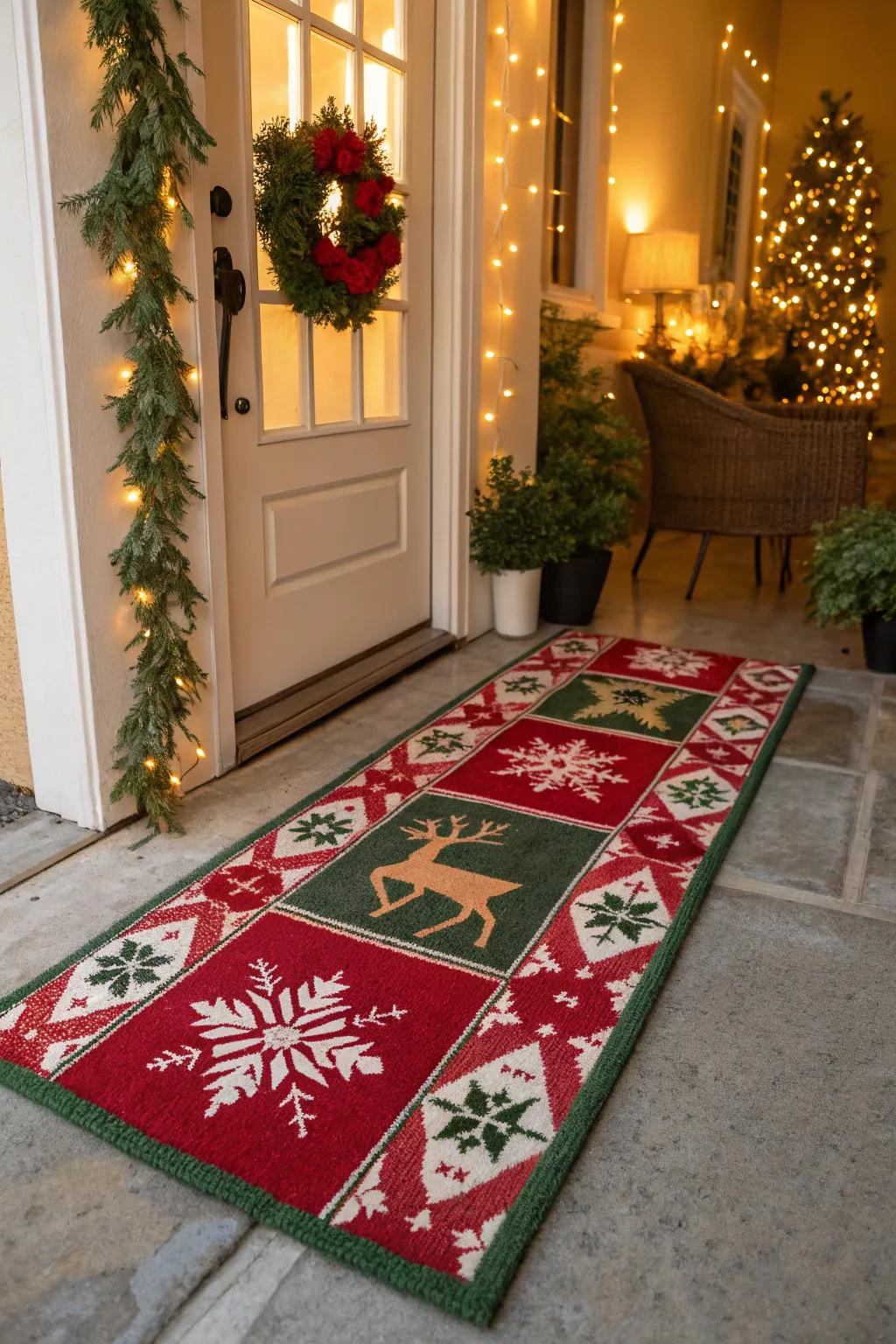A celebratory rug appends hue and warmth to the entryway.