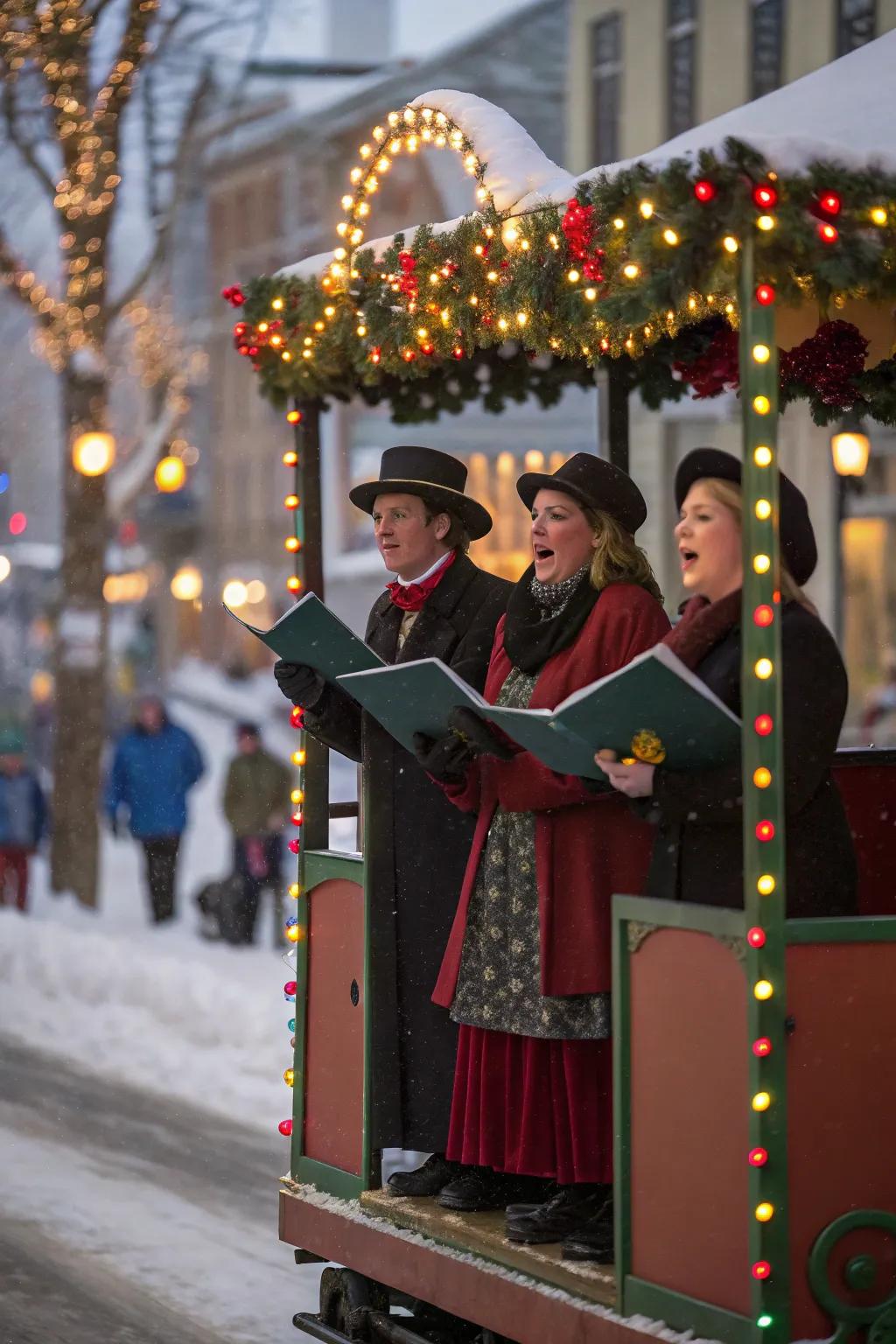 A heartwarming Christmas Carolers float spreading celebratory warmth.
