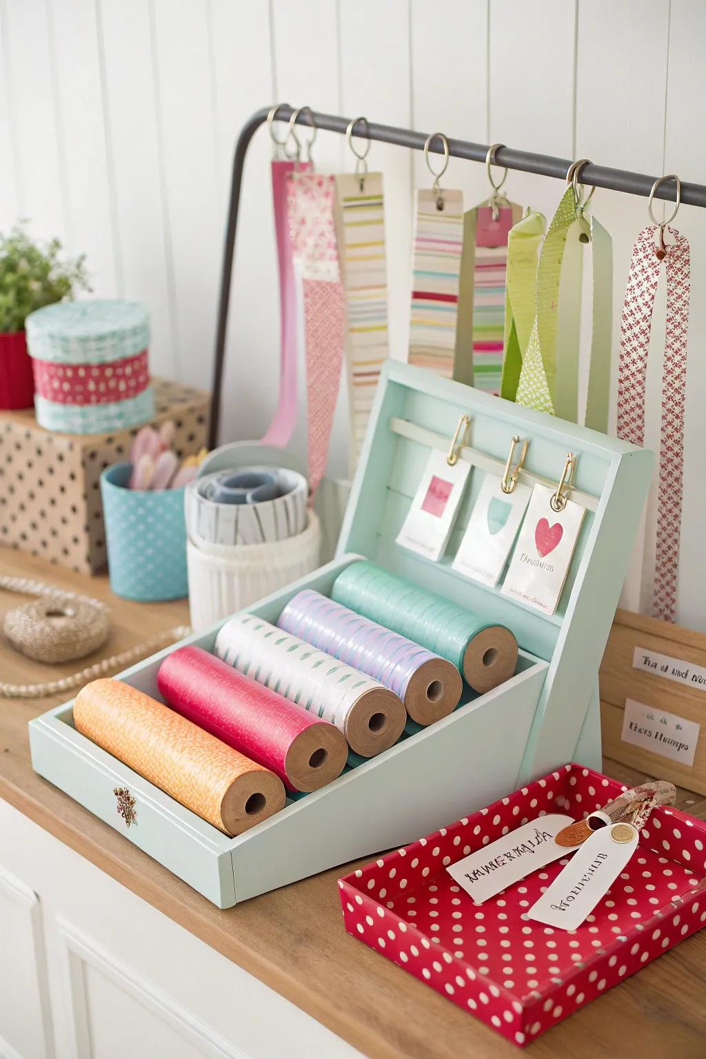 An organized present wrapping station for the holiday rush.