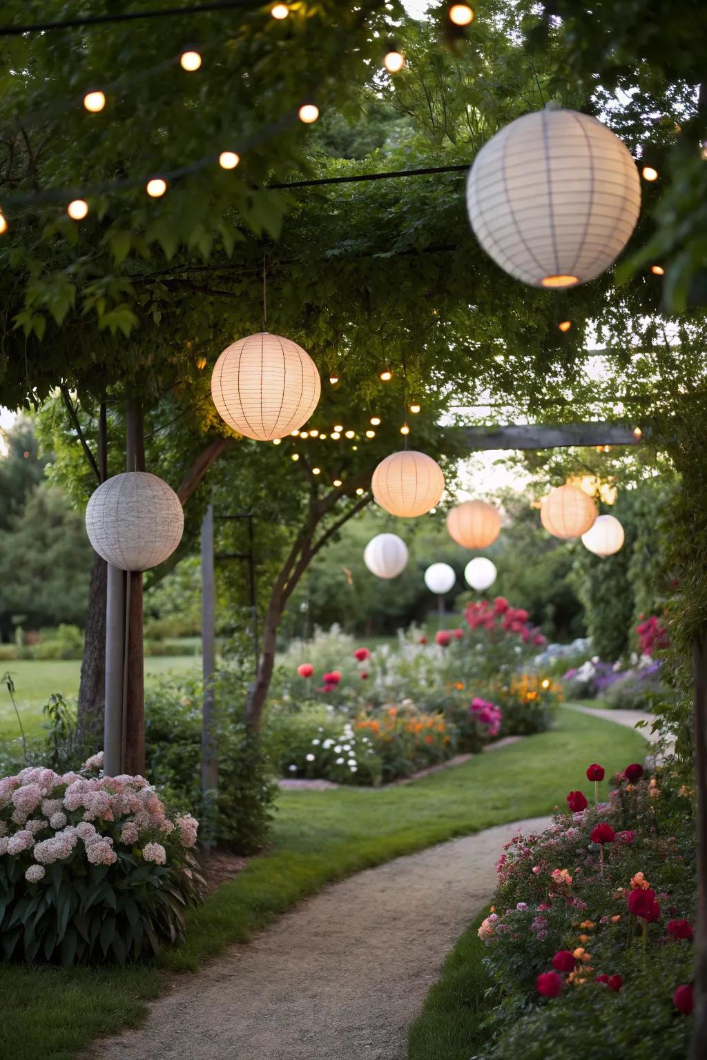 Illumination spheres beautifully enriching the garden's celebratory atmosphere.