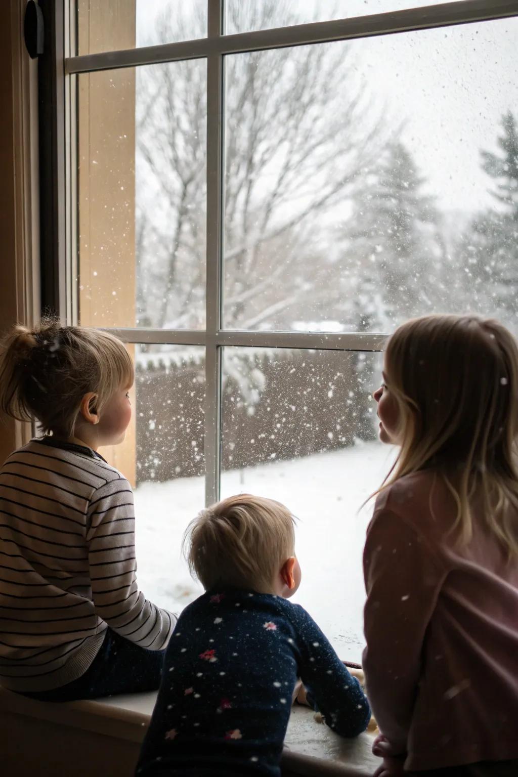Children observing the snowfall, brimming with amazement.